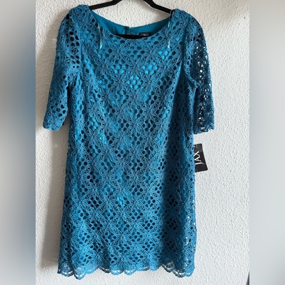 JAX Teal Blue Lace Dress  Size M  Elegant & Lined - coffeafoods.com